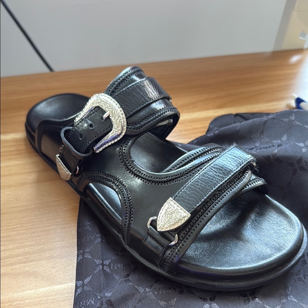 NWB- Black & Silver Western Leather Double-Strap Sandals with Adjustable Buckles